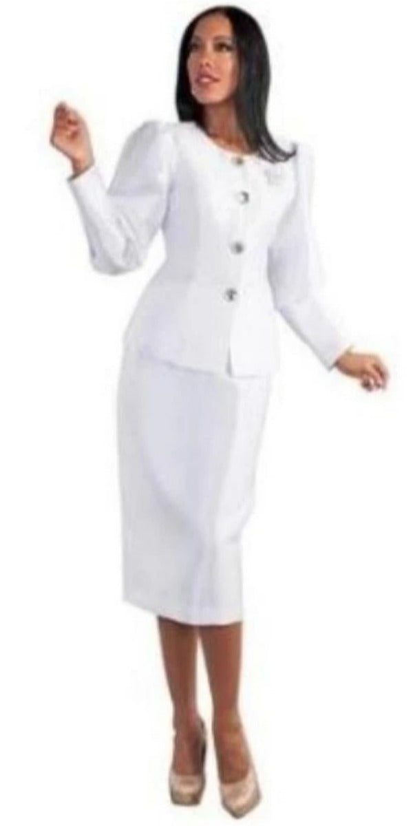 White Two piece Suit with Puffed Sleeves and Rhinestone Brooch for Women
