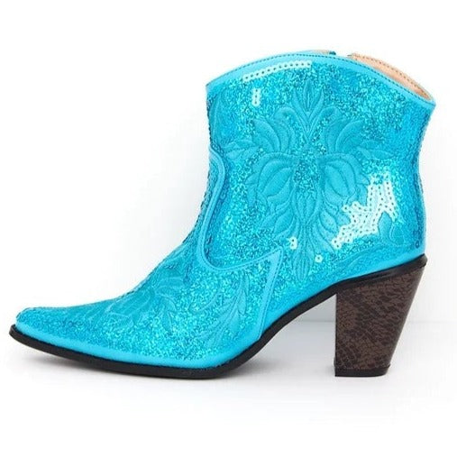 Turquoise Sequin Embroidered Bling Western boot with Zipper Closure