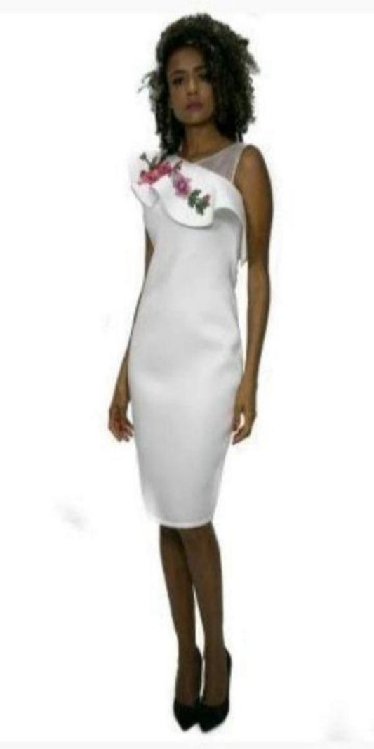 White Knee Length Scuba Dress with Flower Embellishment