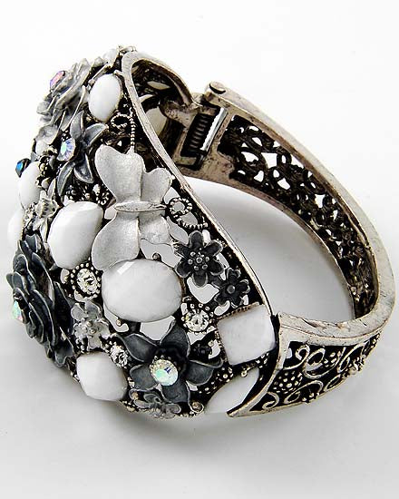 White and Silver Antique Silver Flower Butterfly Bracelet