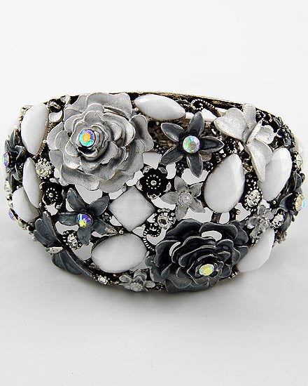 White and Silver Antique Silver Flower Butterfly Bracelet