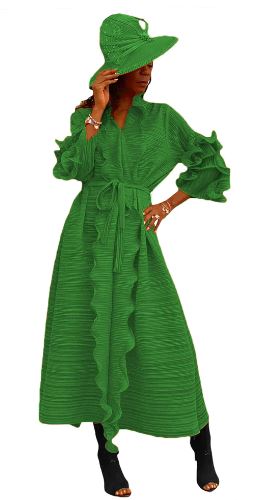 Green Long Sleeve Ruffle Detailed Accordion Dress