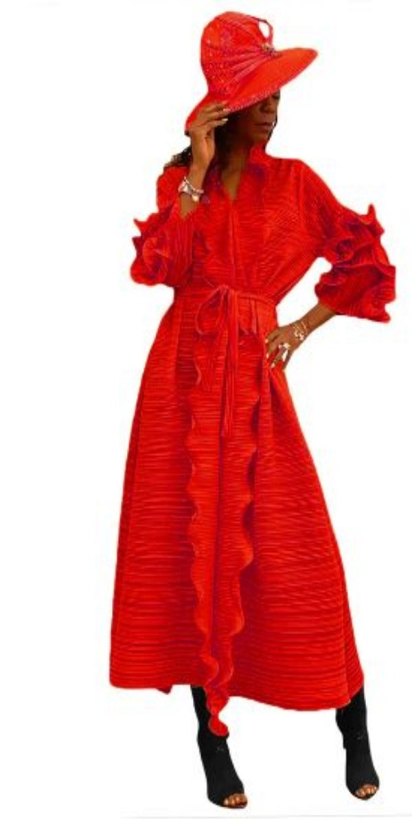 Red long sleeve Ruffled Detailed accordion dress. 