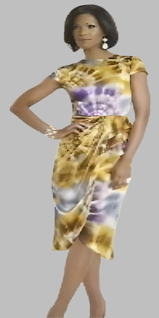 Yellow/Purple Tie-Dye Faux Wrap Dress with ruching at waist
