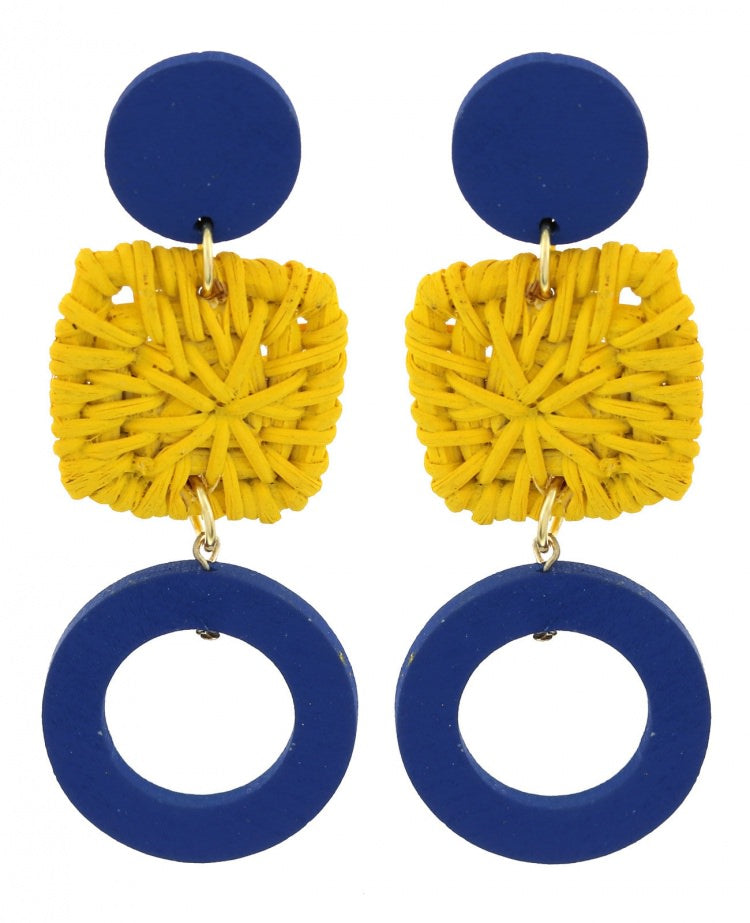 Yellow and blue wood straw dangle earring set