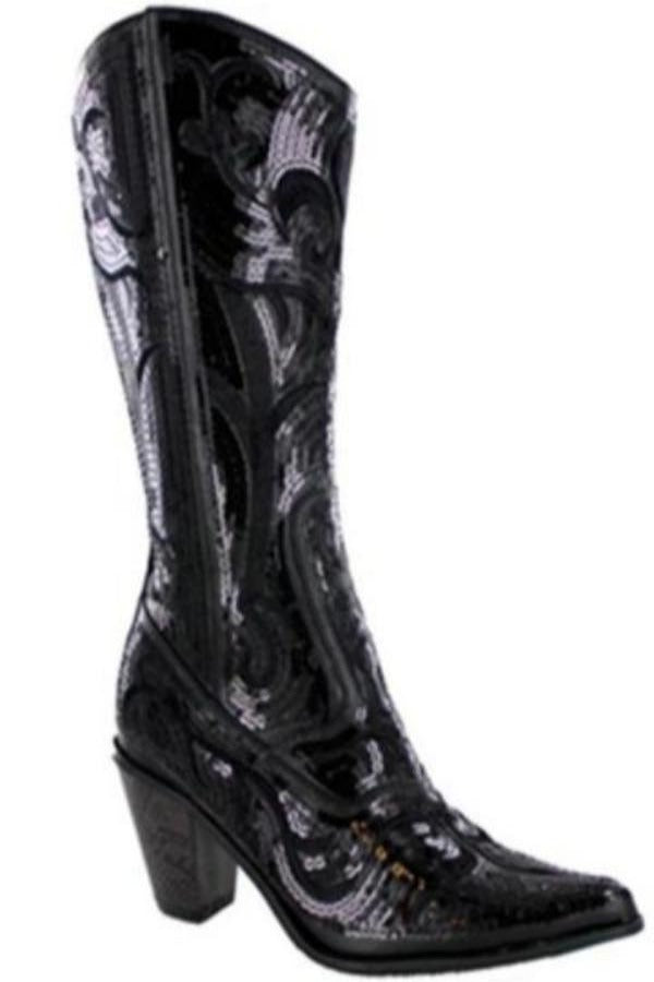 Black Sequin Embroidered Bling Western Boots with Zipper Closure