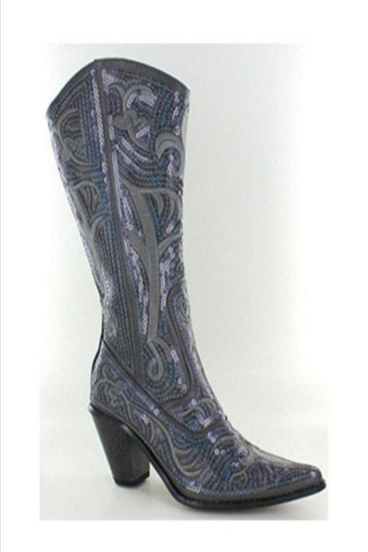 Grey Sequin Embroidered Bling Western Boots with Zipper Closure