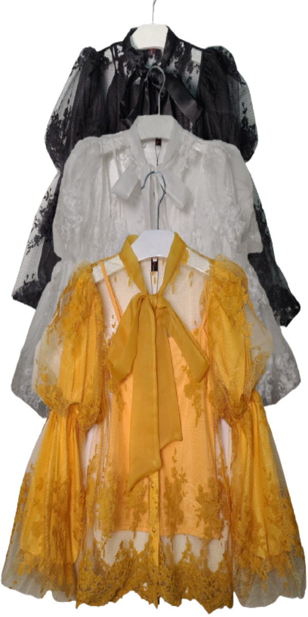 Yellow Long Sleeve Lace Top with Ruffled Tiered Sleeves and Bow Tie