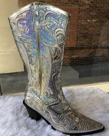 Silver Sequin Embroidered Bling Western Boots with Zipper Closure