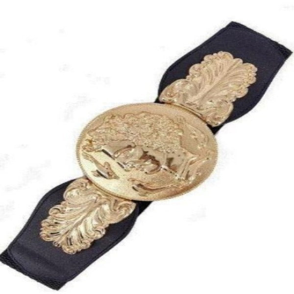 Gold Metal Coin Feather Elastic Wide Belt