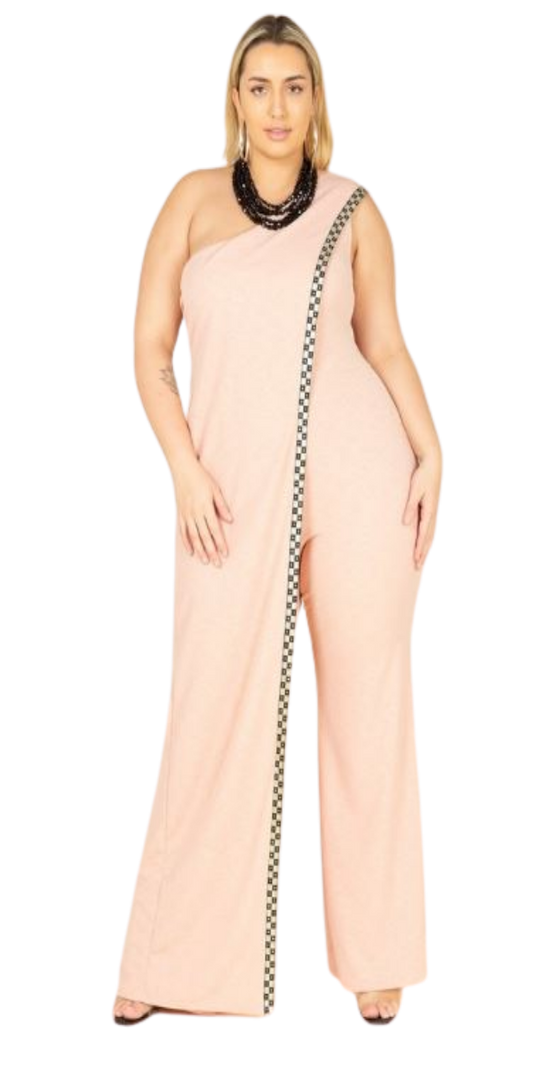 Pink One Shoulder Jumpsuit with cape and gold trim
