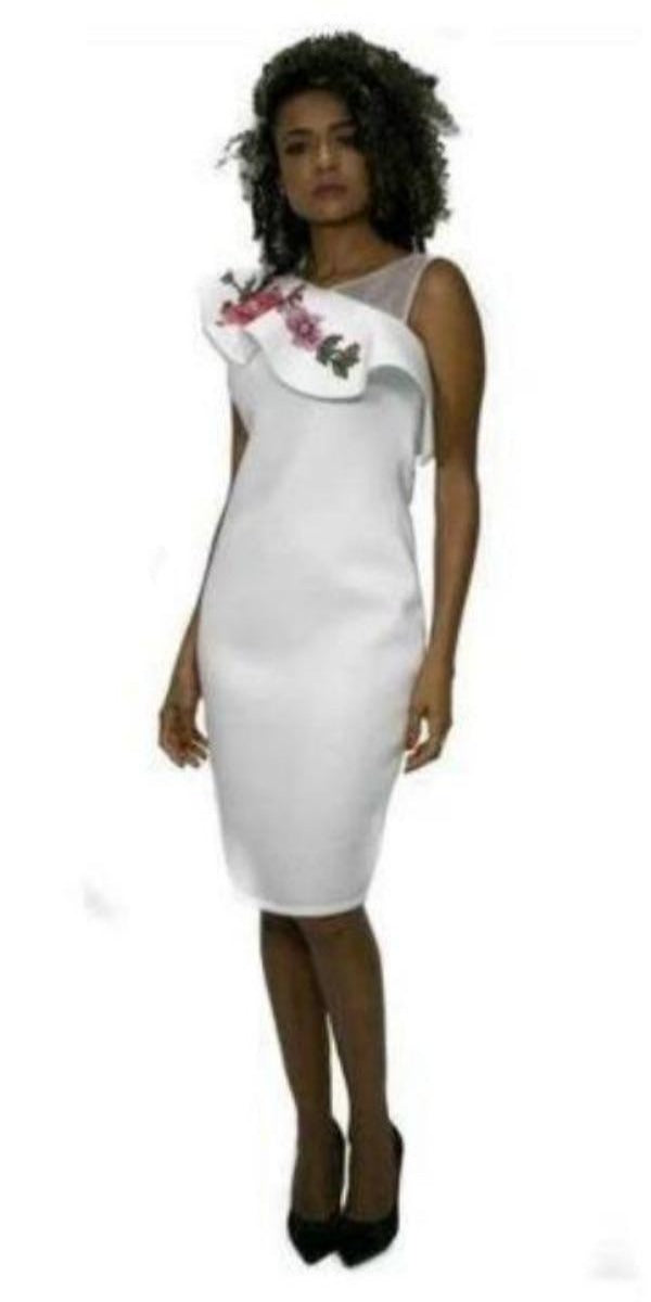 White Knee Length Scuba Dress with Flower embellishment