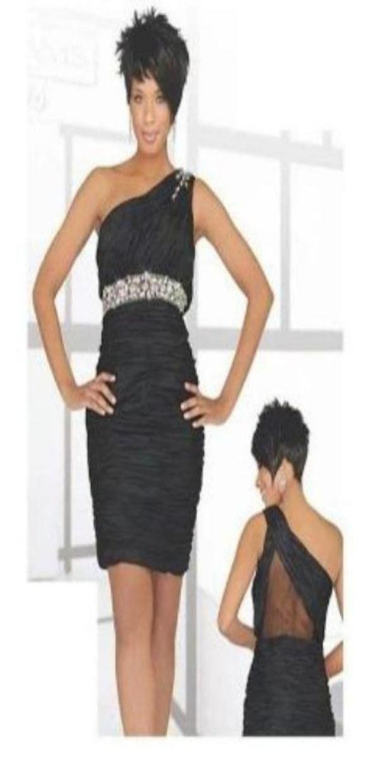 Black One Shoulder After 5 Dress with Sheer Back and Rhinestone Embellishments