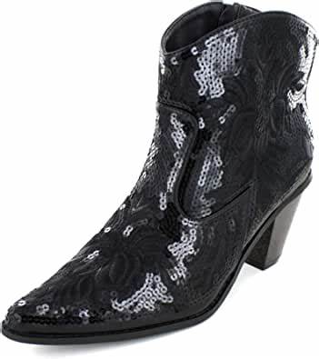 Black sequin embroidered bling western boots with zipper closure.