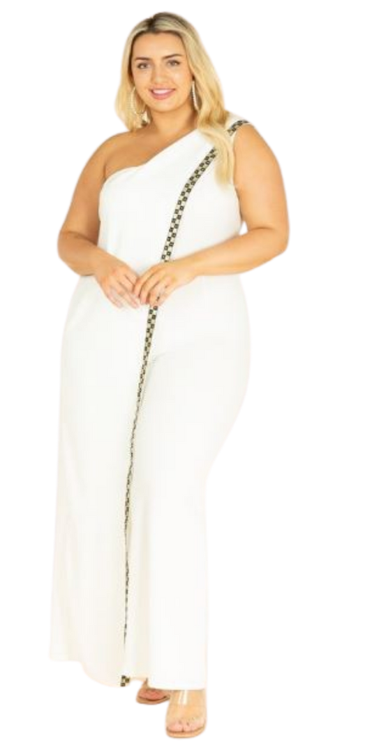 White One Shoulder Jumpsuit with gold trim